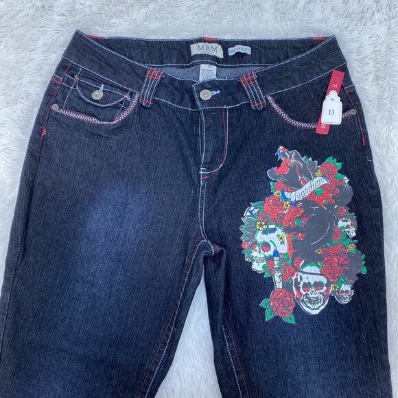 NWT MKM Designs Black Y2K Style Skull Floral Skinny Mid Rise Jeans Size 13 - Picture 6 of 11